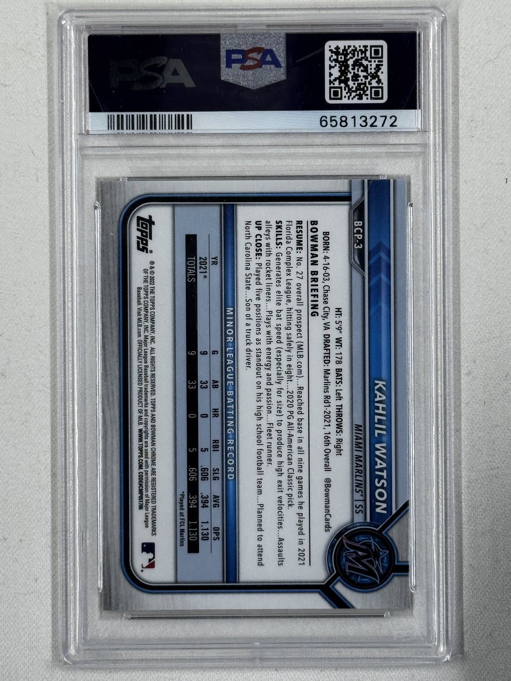 2022 Bowman Chrome Prospects #BCP3 Kahlil Watson Chrome Prospects PSA 10